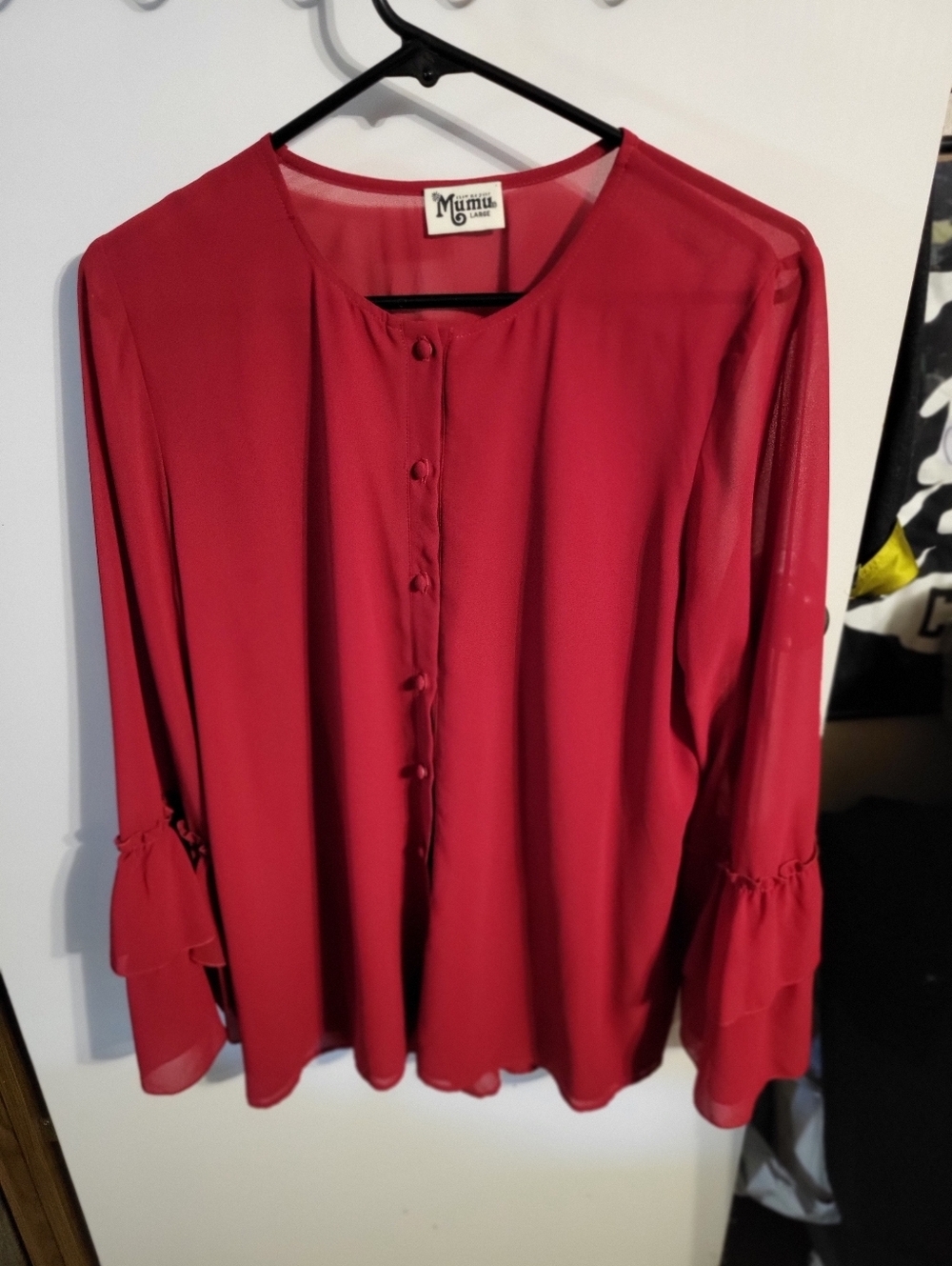 SHOW ME YOUR MUMU RED BUTTON DOWN BELL RUFFLE SLEEVE BLOUSE SZ XL